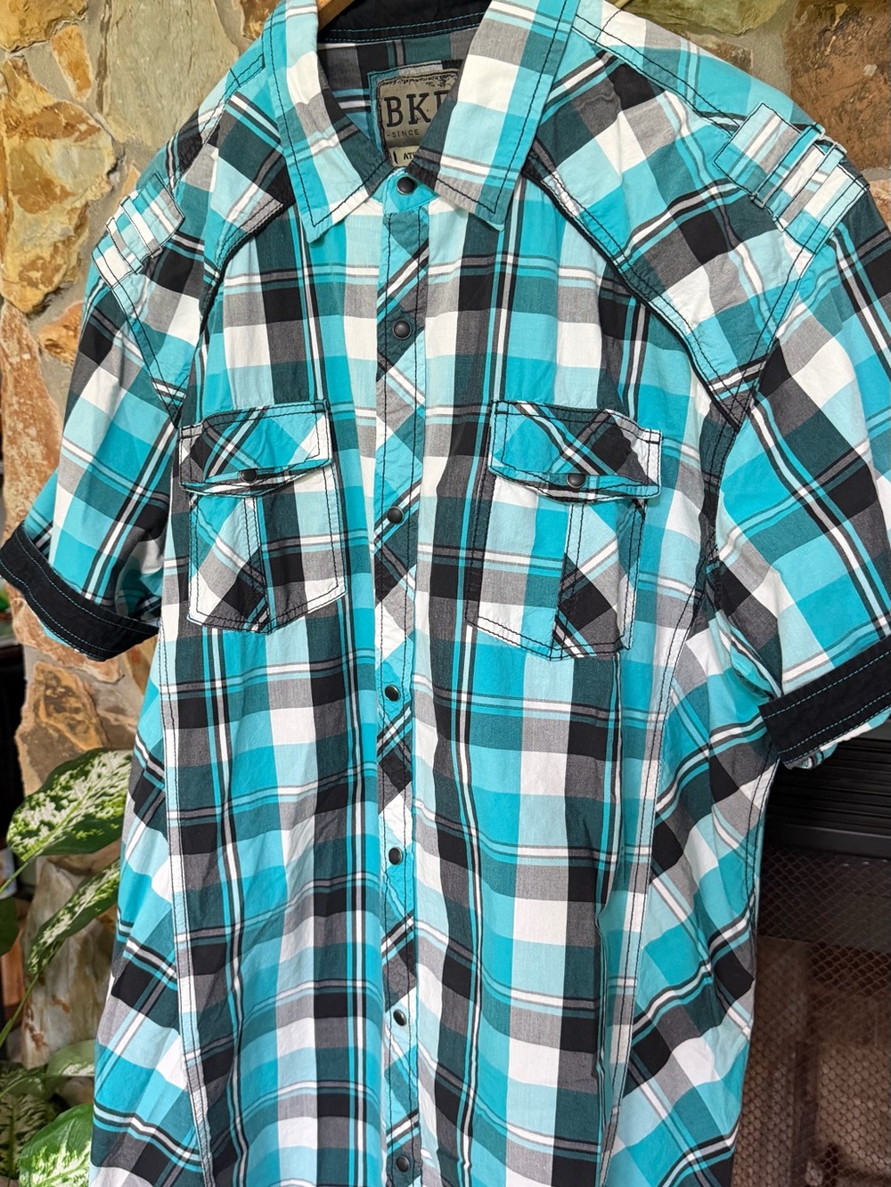 BKE Men’s Teal Plaid Short-Sleeve Button-Up Shirt XXL